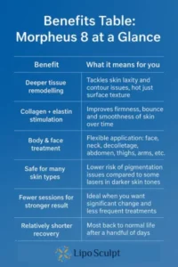 How Often Can I have Morpheus 8? 3 Table showing the benefits of Morpheus 8 treatment from Lipo Sculpt Warwick